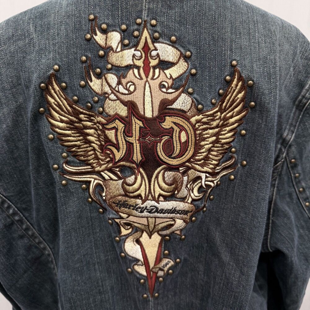 VTG Harley Davidson Women's 2W Blue Denim Embroidered Biker Motorcycle Jacket - Picture 5 of 8